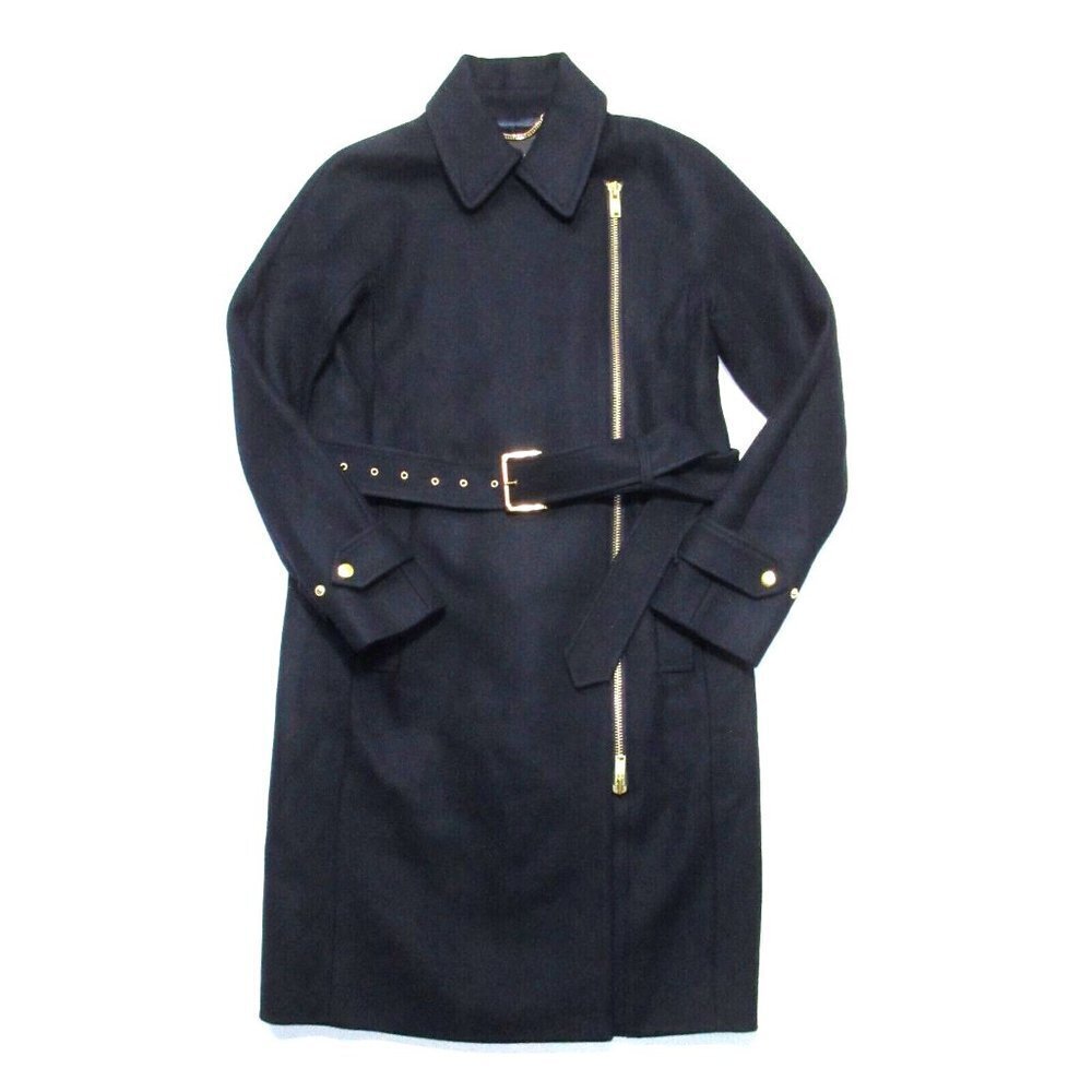 NWT J.Crew Belted Zip Trench Coat in Navy Blue Melton Wool Asymmetrical Zip 0
